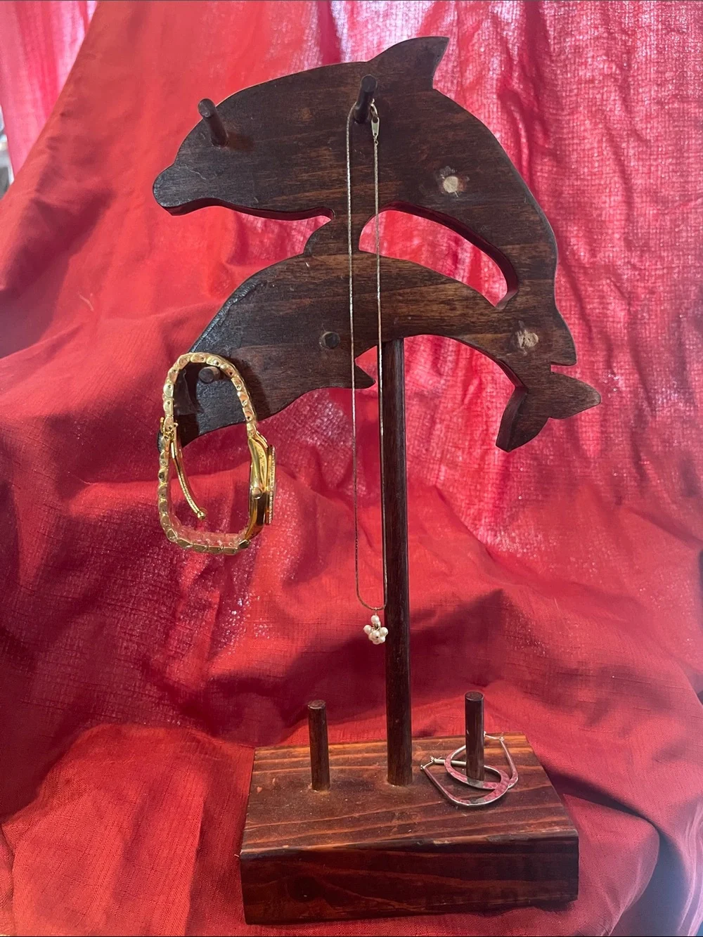 Handcrafted Wooden Dolphin jewelry Display hanger Brown 4 pegs & base project